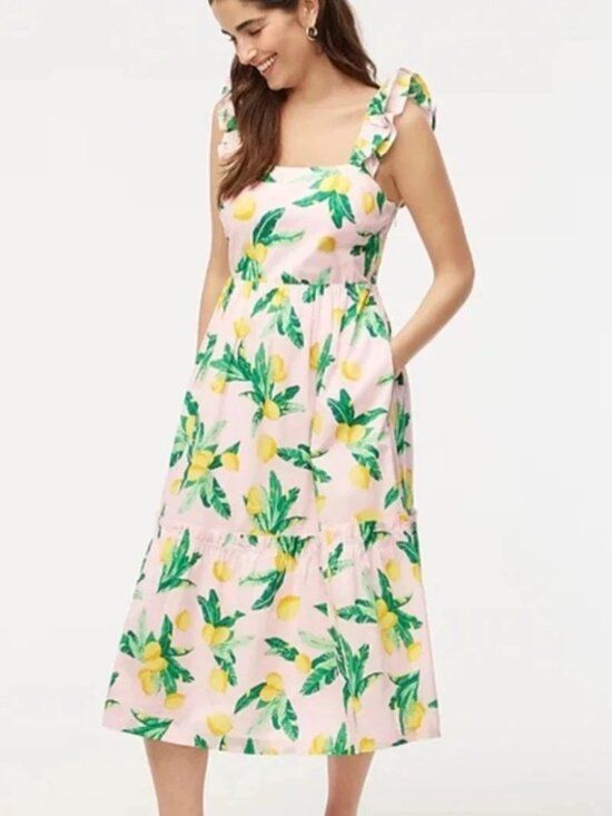 J. Crew Factory Dresses & Skirts - J. Crew Pink Lemon Print Ruffle Strap Smocked Back Cotton Midi Dress Size 8